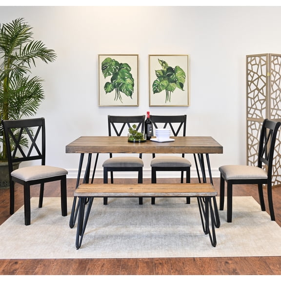 6 Dining Composed Of Distinctive Hairpin Table, 4 Chairs, Bench Including