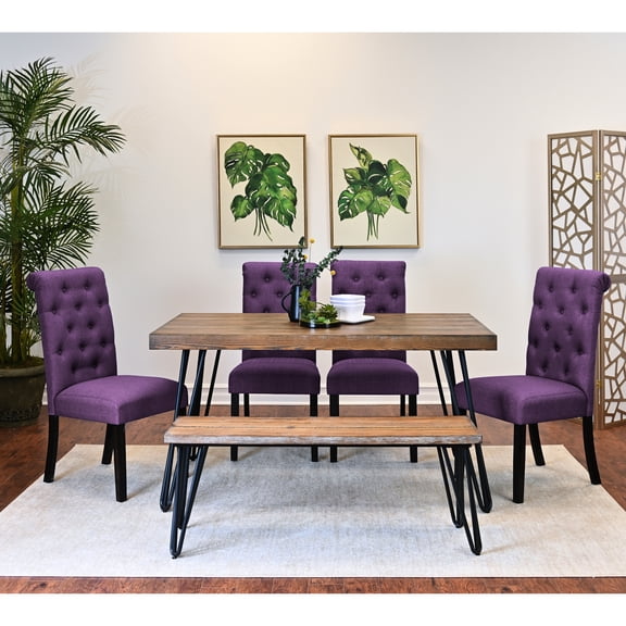 6 Dining: Hairpin Table, 4 Chairs, Bench, Dark Pine Tone Dining Configuration: Rustic Appeal