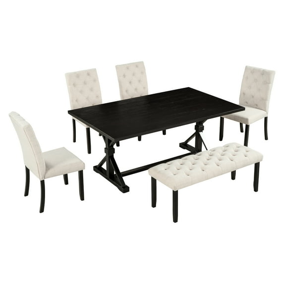 6 Dining In , Solid Wood, Frame And Legs 72" Wood Table , With Upholstered Chairs