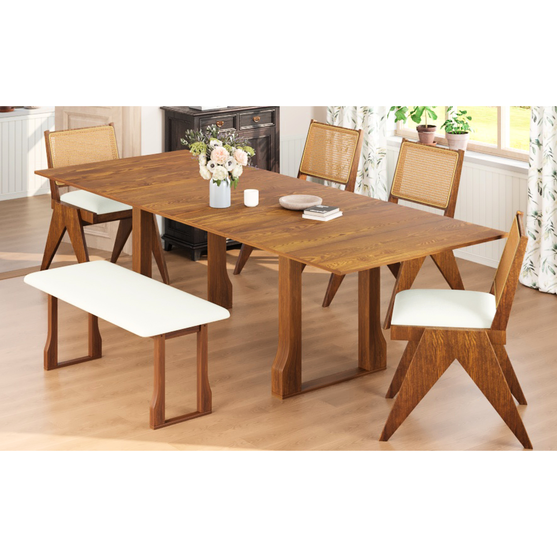 6 Dining Table , 82.7inch Extendable With Chairs & Bench, 2 11.8-inch ...