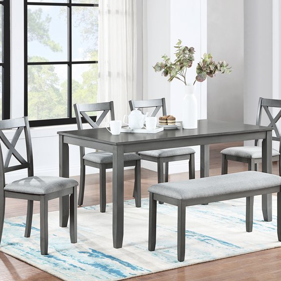 6 Dining Table In Gray, Rectangular Wooden With Upholstered Chairs & Bench, Stylish Tabletop Finish 6 Gray Hue, 4 And Smooth Lines