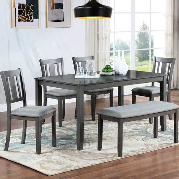 6 Dining Table , Rectangular Gray Wooden With 4 Upholstered Chairs And Bench, For Home Interior Design Chair Seats Tips