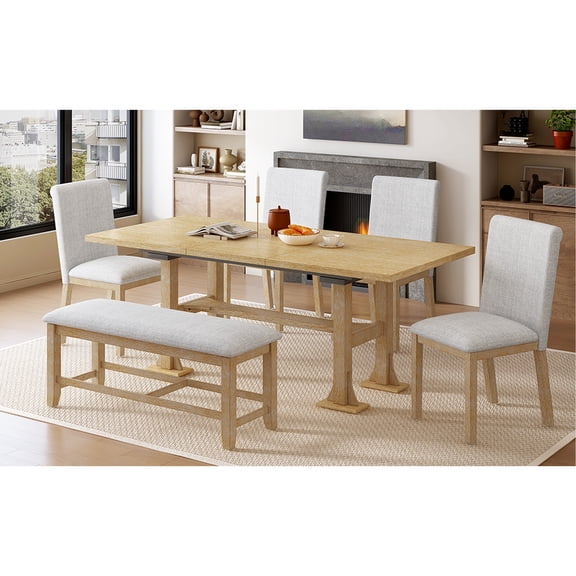 6 Dining Table With Extendable Design, Upholstered Chairs And Bench, 18inch Removable Leaf, Natural Enchantment 76inch Room Table, Long Touch