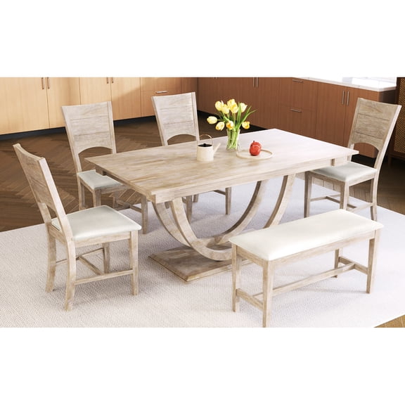 Half Round Legs 6 Dining Collection, Solid Wood Table, Upholstered Chairs & Bench Furniture,