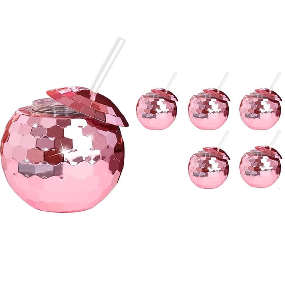 6 Disco Ball Cups, 20oz, Disco Party Cups with Reusable Lid and Bucket, Cocktail Cup with Shiny Ball for Party, Disco, Bar, Drinking Supplies
