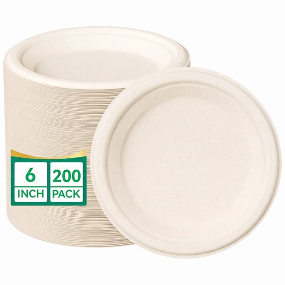 Behome 200 Pack 100% Compostable Paper Plates, 6" Heavy Duty Disposable Paper Plates, Eco-Friendly Sugarcane Bagasse, Unbleached Natural Brown Dessert Plates for Party Dinner