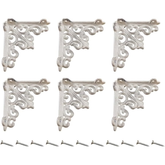 6 Distressed White Cast Iron Shelf Brackets Supports 3 3/4" X 3 3/4" Victorian Antique Look
