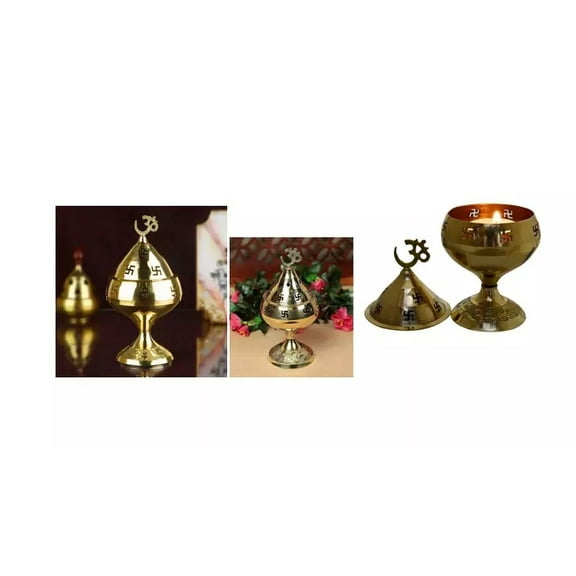 6" Diwali Brass Om and Swastik Akhand Diya Deepak Oil lamp & Pooja Jyot Wick