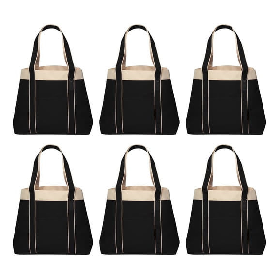 6 Donna Polyester Tote Bags Set - Two Tone, Reinforced Straps, Wide Gusset, Everyday Use - Black