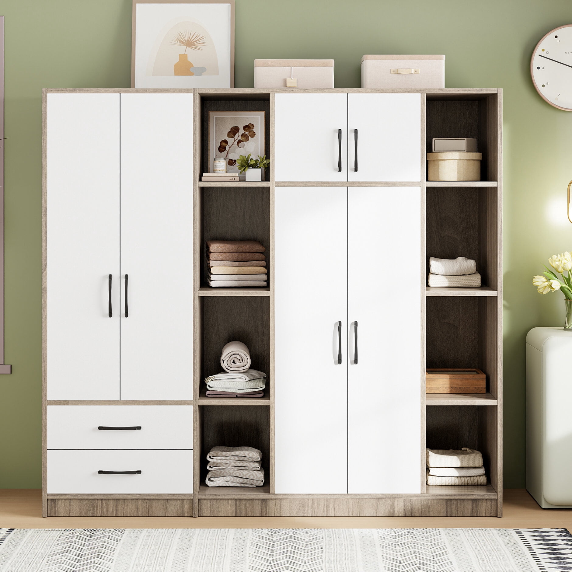 6-Door Armoire Wardrobe Closet with 2 Hanging Rails and 2 Drawers