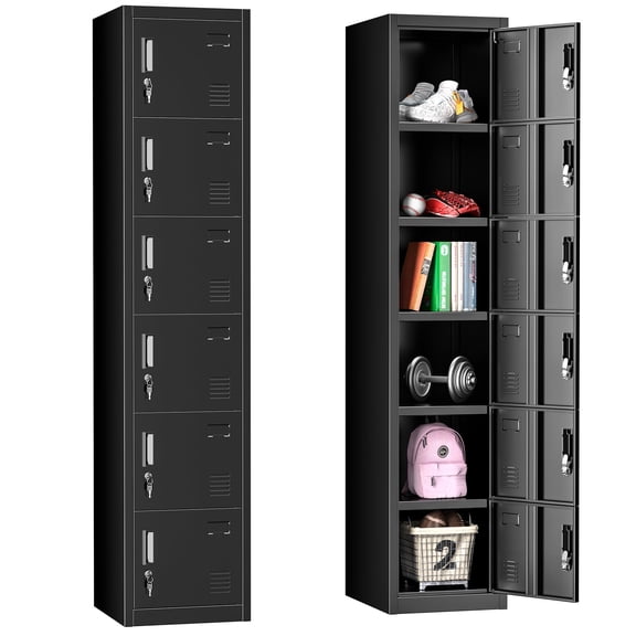 6 Door Metal Storage Locker, Black Lockable Steel with Shelf & Card Slot for Office, Gym, Garage & School Use