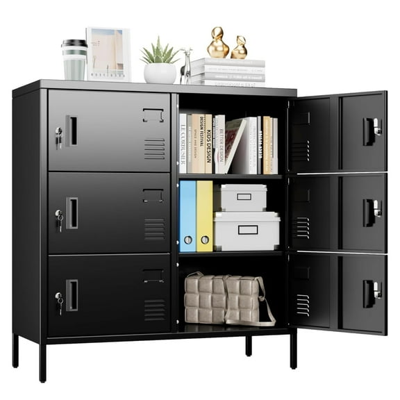6 Door Metal Storage Locker with Card Slot, Ventilation Holes & Keys, for Office/Home/Bank/School/Gym, Installation Required, Black