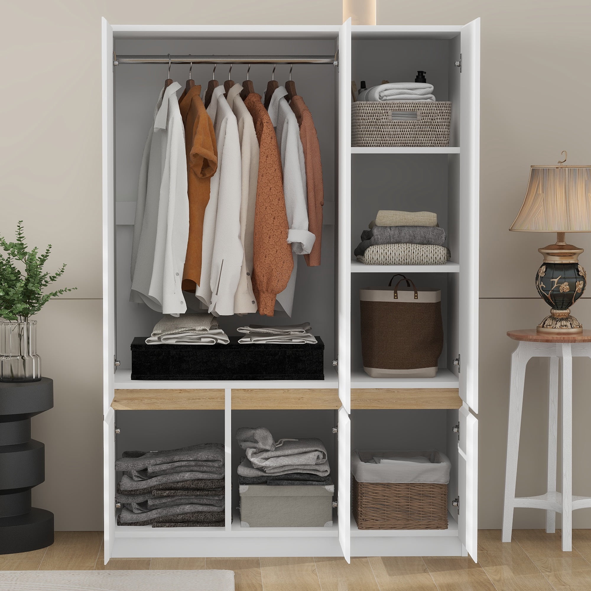 6-Doors Wooden Wardrobe Closet Storage Armoire with Multi-Layer Shelves for Bedroom