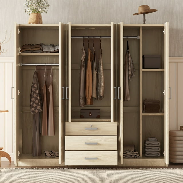 6-Doors Wooden Wardrobe for Bedroom, Freestanding Clothing Storage Cabinet with 3 Big Drawers, Modern Large Wood Closets with Hanging Rod,  Brown
