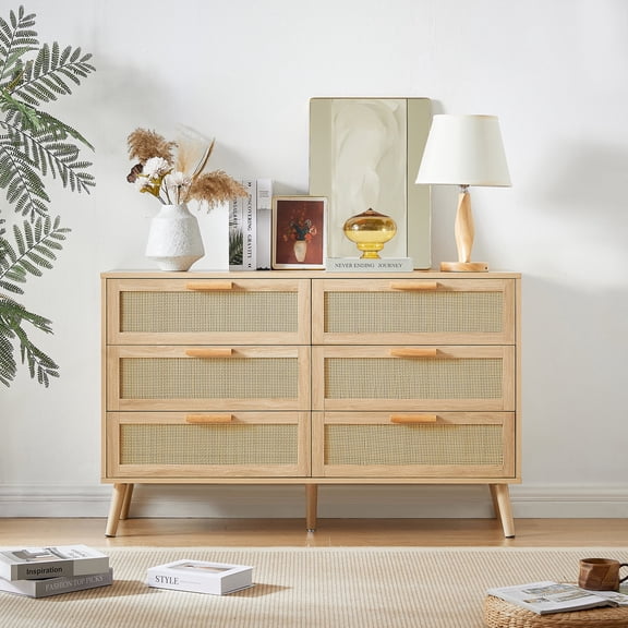 6 Double Dresser with Rattan Drawers, Natural Color