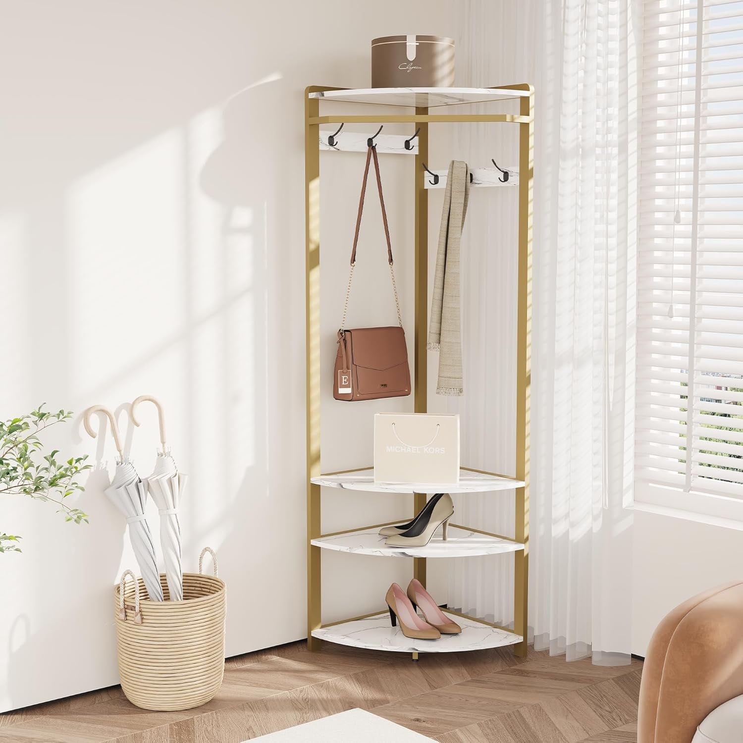 Gold and Marble White Corner Hall Tree with Shoe Bench and Coat Rack