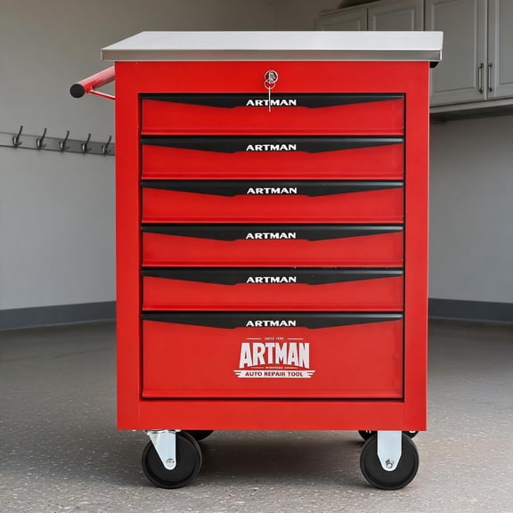 6-Drawer 24.61 Inch Rolling Tool Storage Cabinet Industrial Contemporary Steel Deep Black Red for Garage Workshop