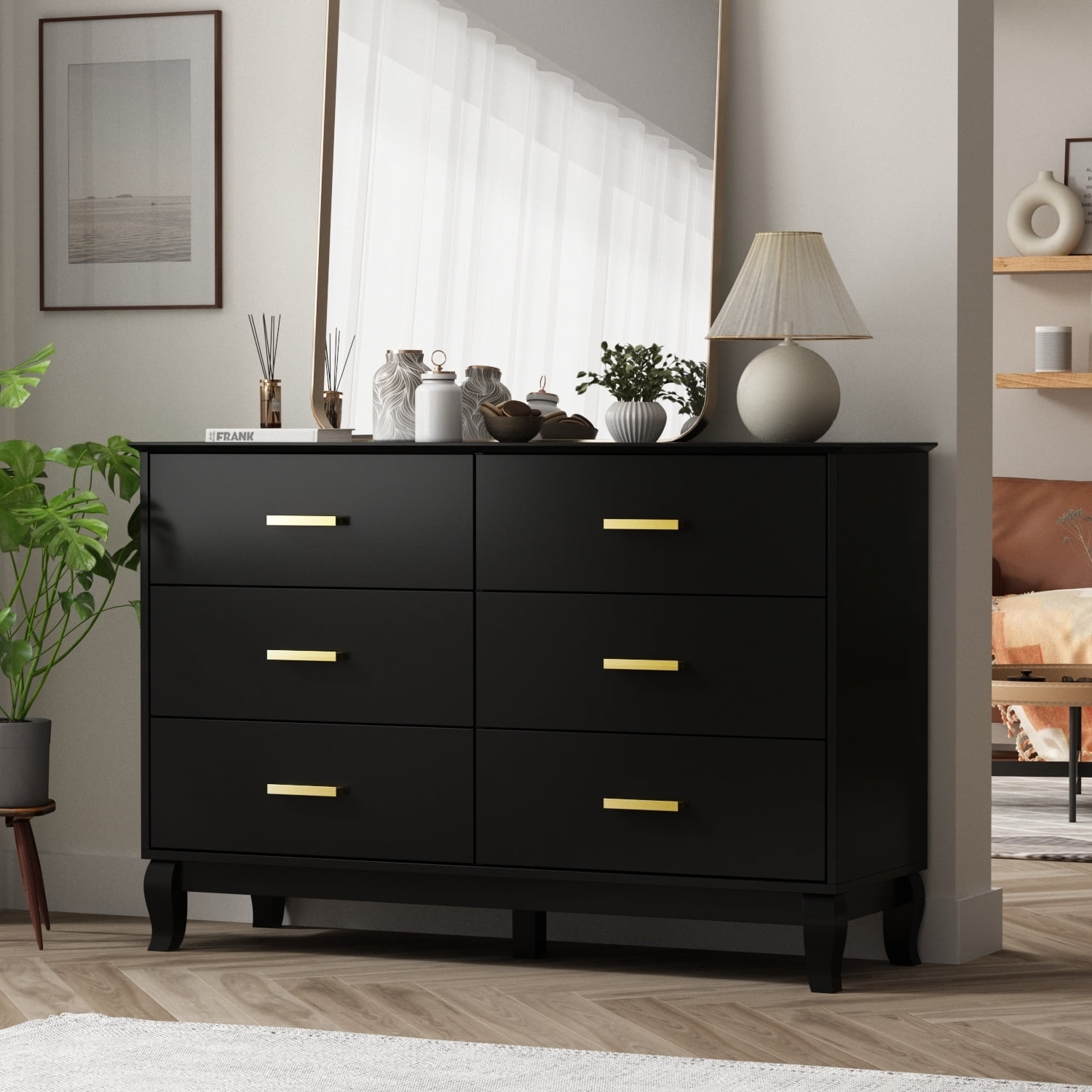 Black Engineered Wood 6-Drawer Double Dresser with Gold Handles