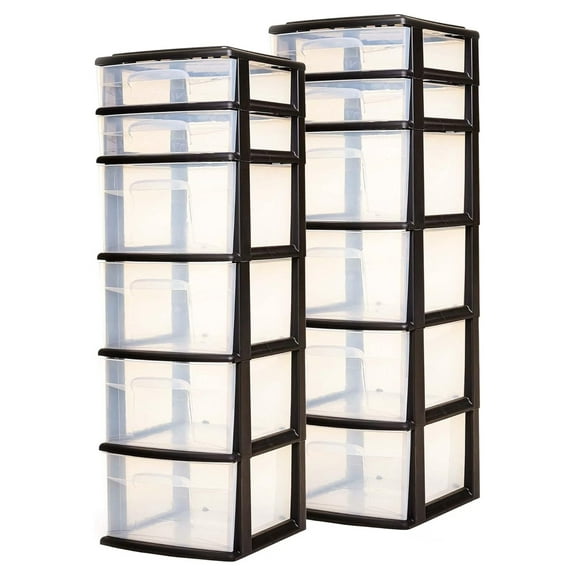 6-Drawer Bin Organizer Tower, Clear Plastic Storage with Drawers, Medium Storage Containers for Dorm, Home, and Office, Black Frame, 2 Pack