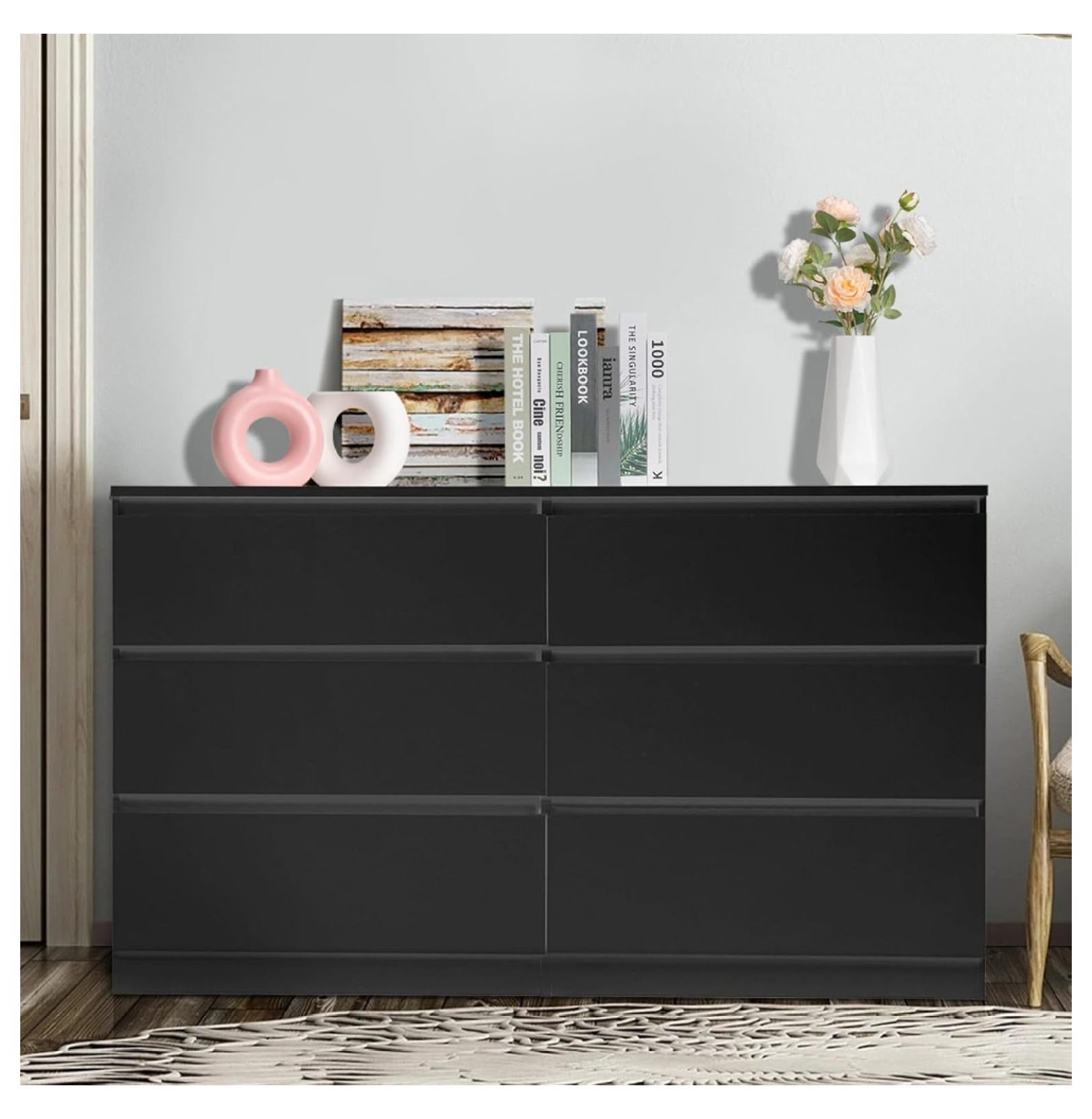 6 Drawer Black Dresser for Bedroom, Wood Dresser with Drawers, 55" Long