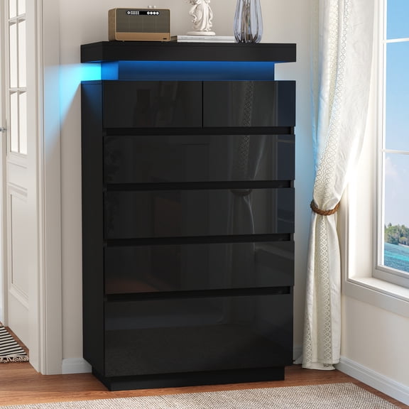 NEGYLIM 6 Drawer Black Dresser, High Gloss Dresser with LED Light for Bedroom, Living Room, Hallway, Easy Assembly