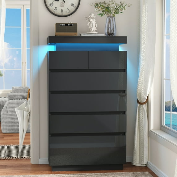 NEGYLIM 6 Drawer Black Dresser, High Gloss Dresser with LED Light for Bedroom, Living Room, Hallway, Easy Assembly