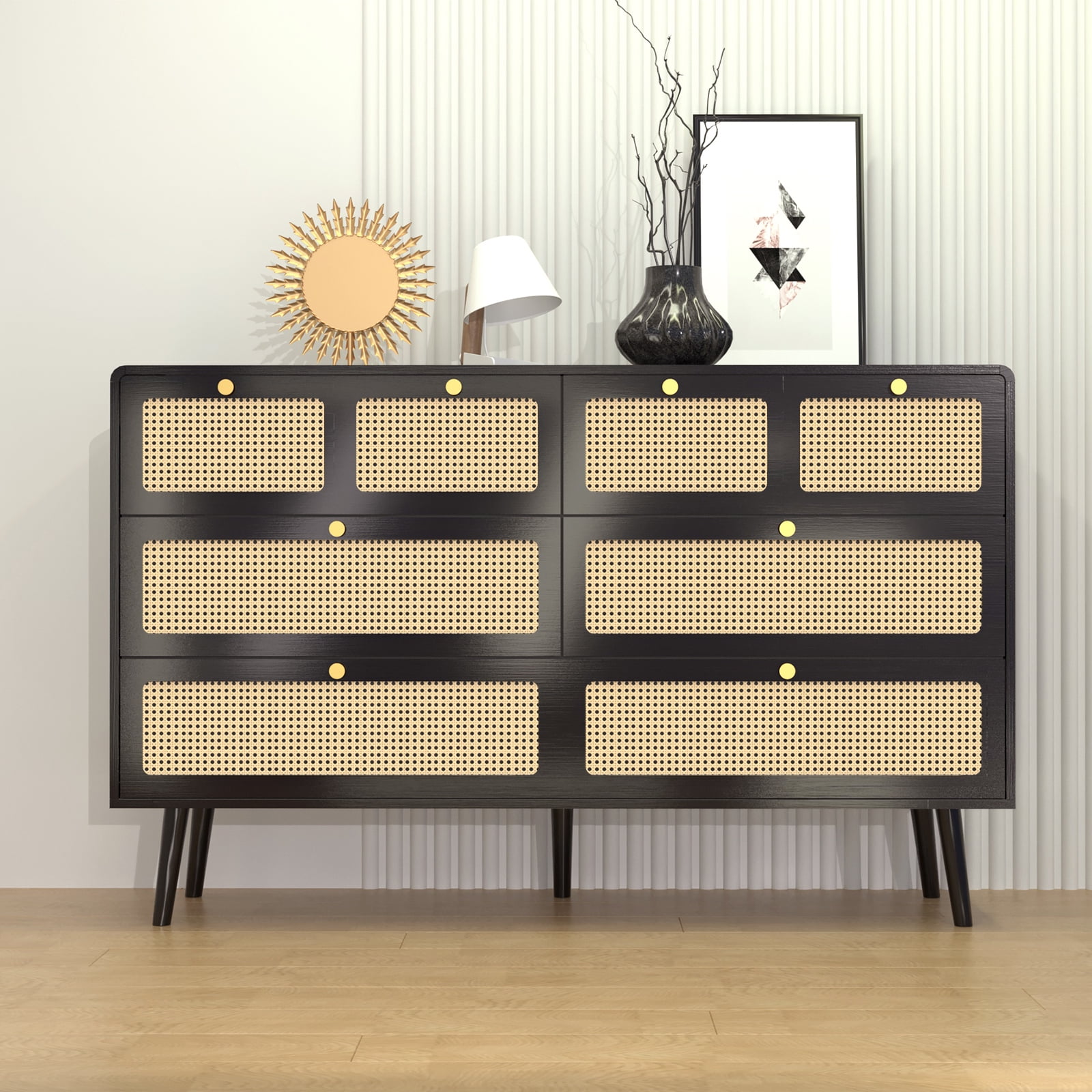 black and rattan dresser Ebern Designs Paison 35" H Black Rattan Dresser, Farmhouse 3 Drawer Dresser for Bedroom & Reviews