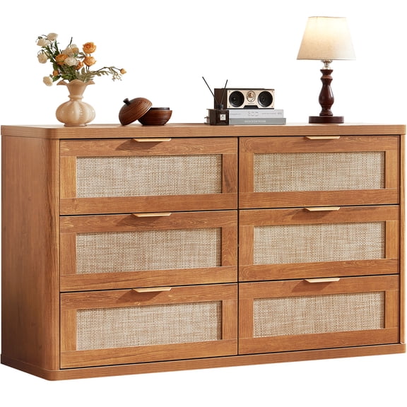 6 Drawer Brown Oak Double Dresser,Boho Storage Cabinet with Easy Pull Out Handles for Living Room,Chest of Drawers for Bedroom