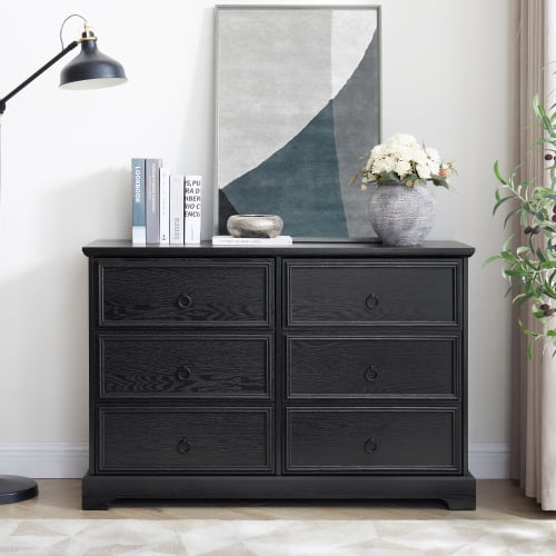 6-Drawer Chest of Drawers for Bedroom, Modern Farmhouse Wooden Bedroom Drawer Dresser with 6 Storage Drawers,6 Drawer Dresser Chests for Bedroom, Black