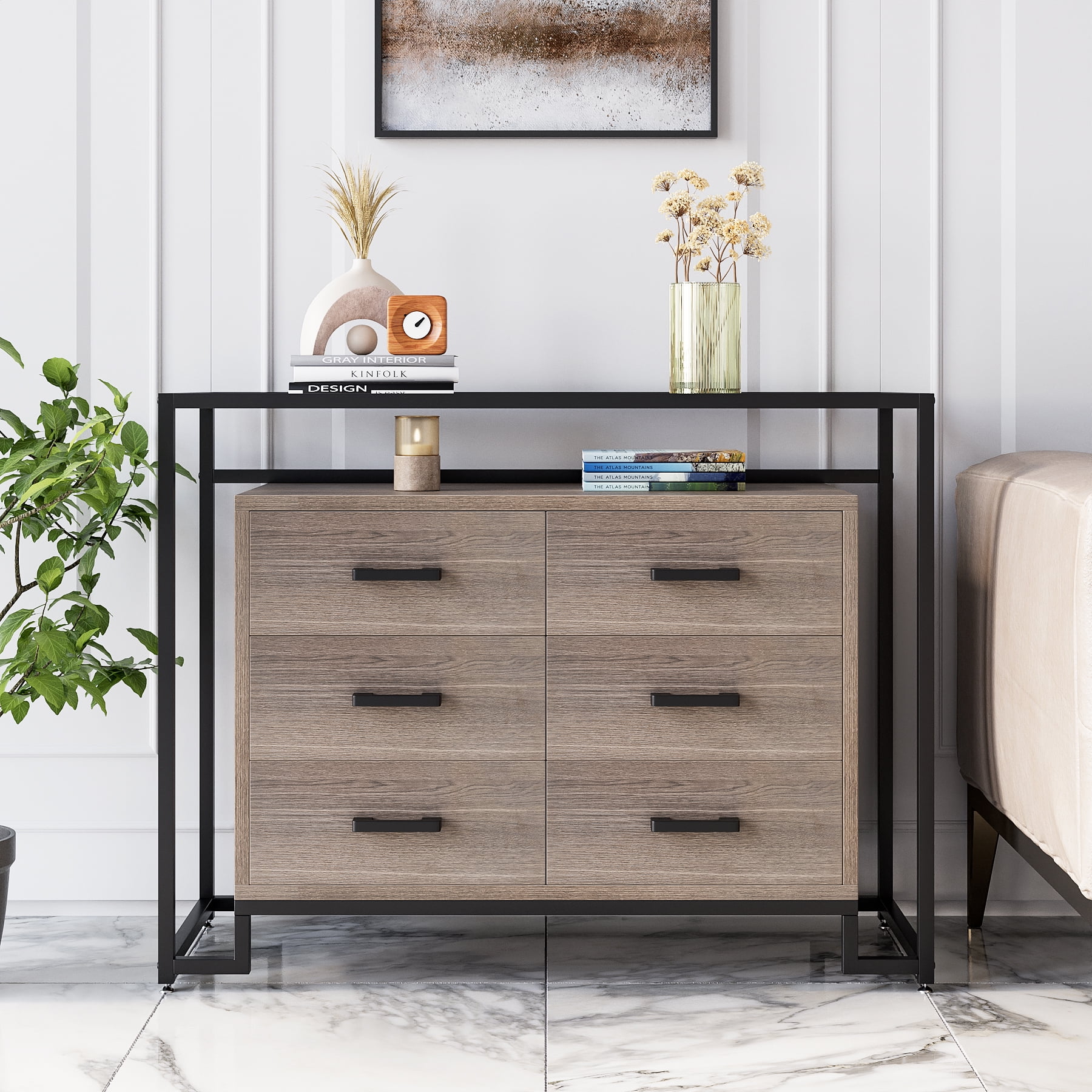 6 Drawer Chest, Wood Drawer Dresser with Steel Frame & Tempered Glass ...