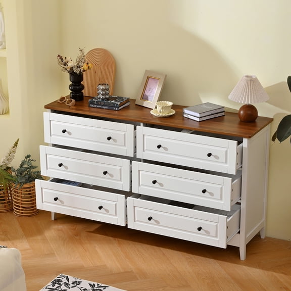6 Drawer Chest of Drawers Storage Cabinet Contemporary White with Smooth Ball Bearing Slides Anti Tip Device for Bedroom Living Room