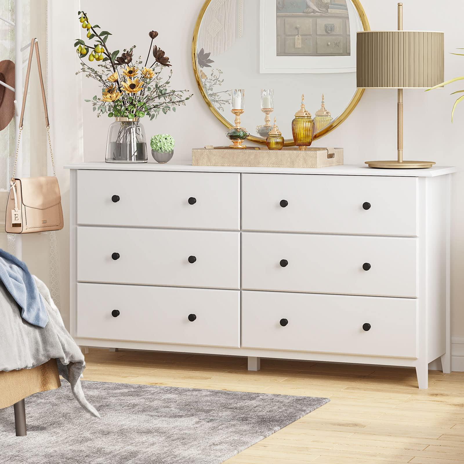 6 Drawer Double Dresser, 55'' Long Dresser TV Stand, Chest of Drawers