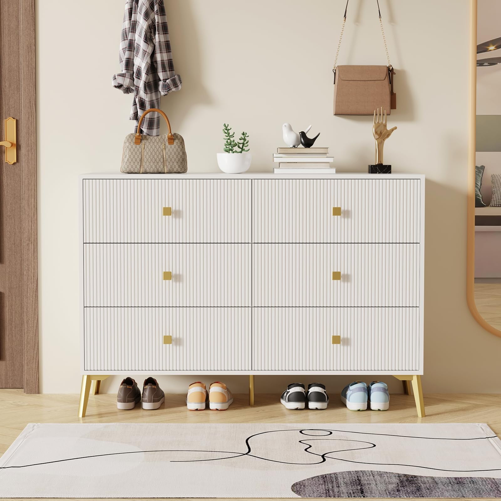 White and Gold Fluted 6-Drawer Dresser with Curved Design