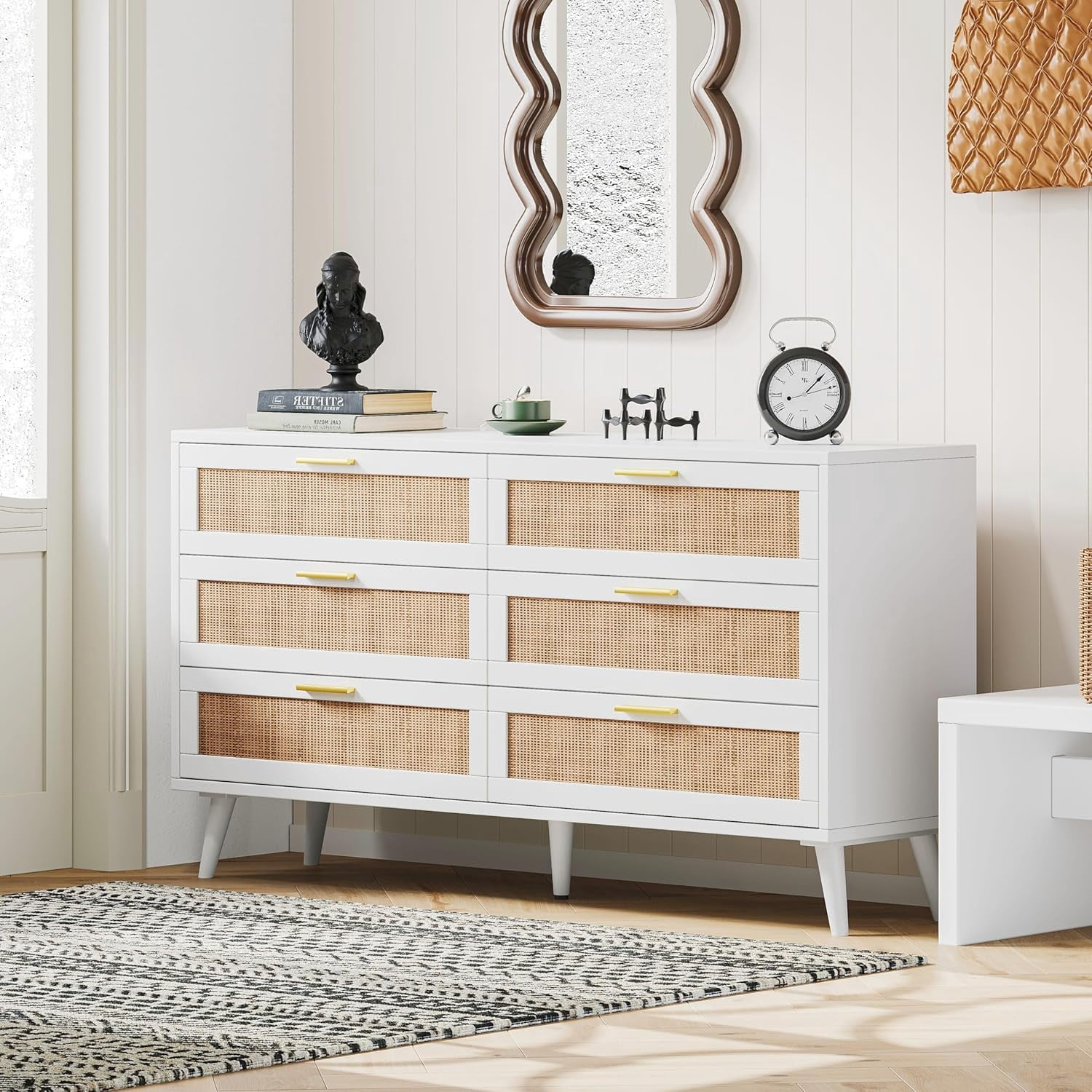 6 Drawer Double Dresser for Bedroom, Rattan Chest of Dressers, Modern ...