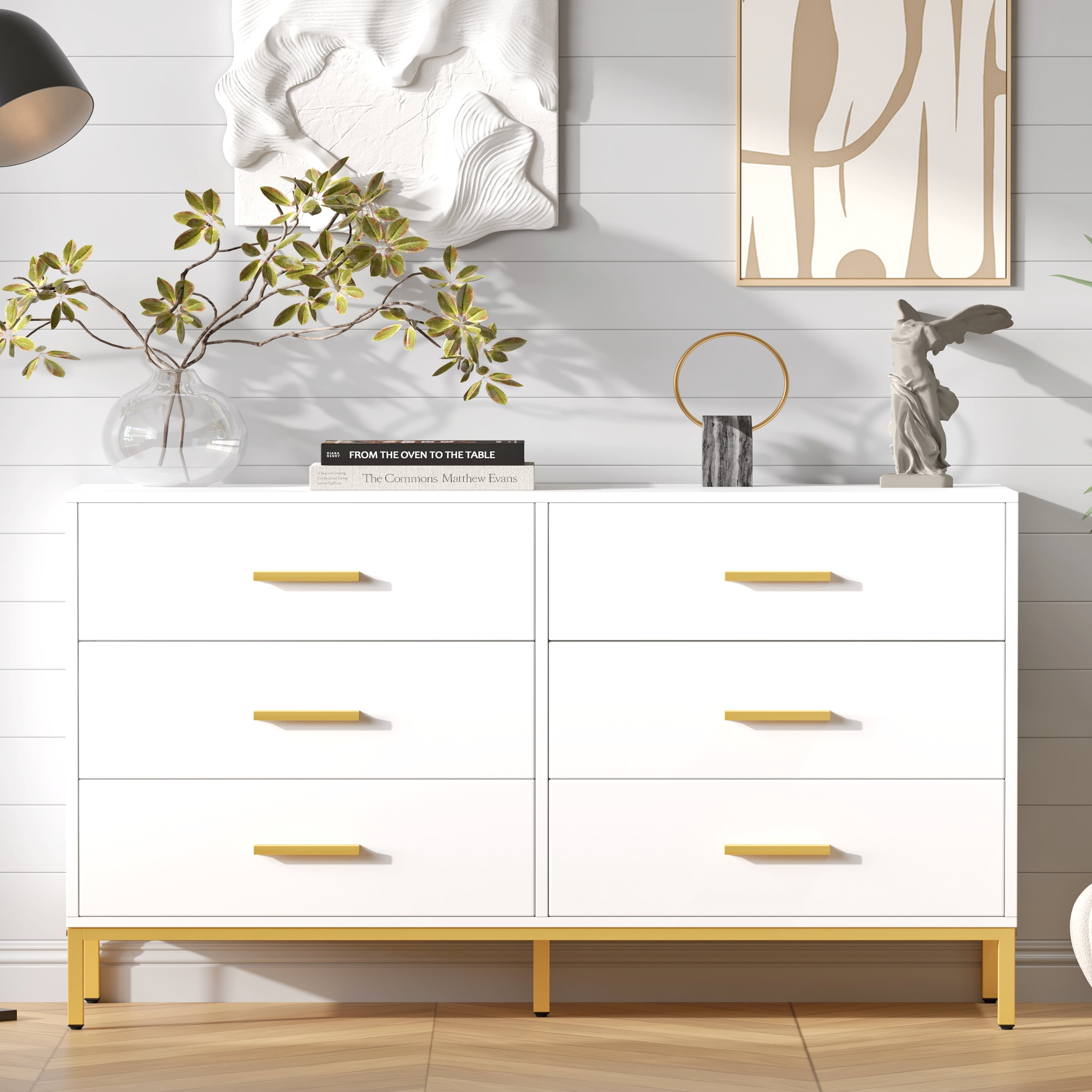 6 Drawer Double Dresser for Bedroom, Rattan Chest of Dressers, Modern