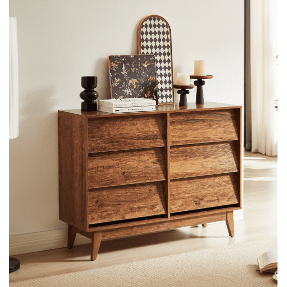 6 Drawer Double Dresser Features Vintage-style and Bevel Design