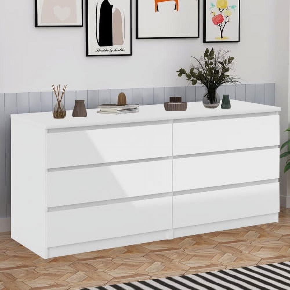 White Double Wide 6-Drawer Mid-Century Modern Dresser