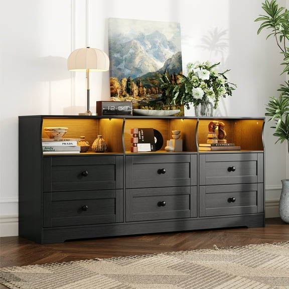 6 Drawer Double Dresser with LED Lights & Power Outlet, Wood Dresser for Bedroom, Wide Chest of Drawers Closet Organizer for Living Room, Entryway, Hallway, Easy Assembly