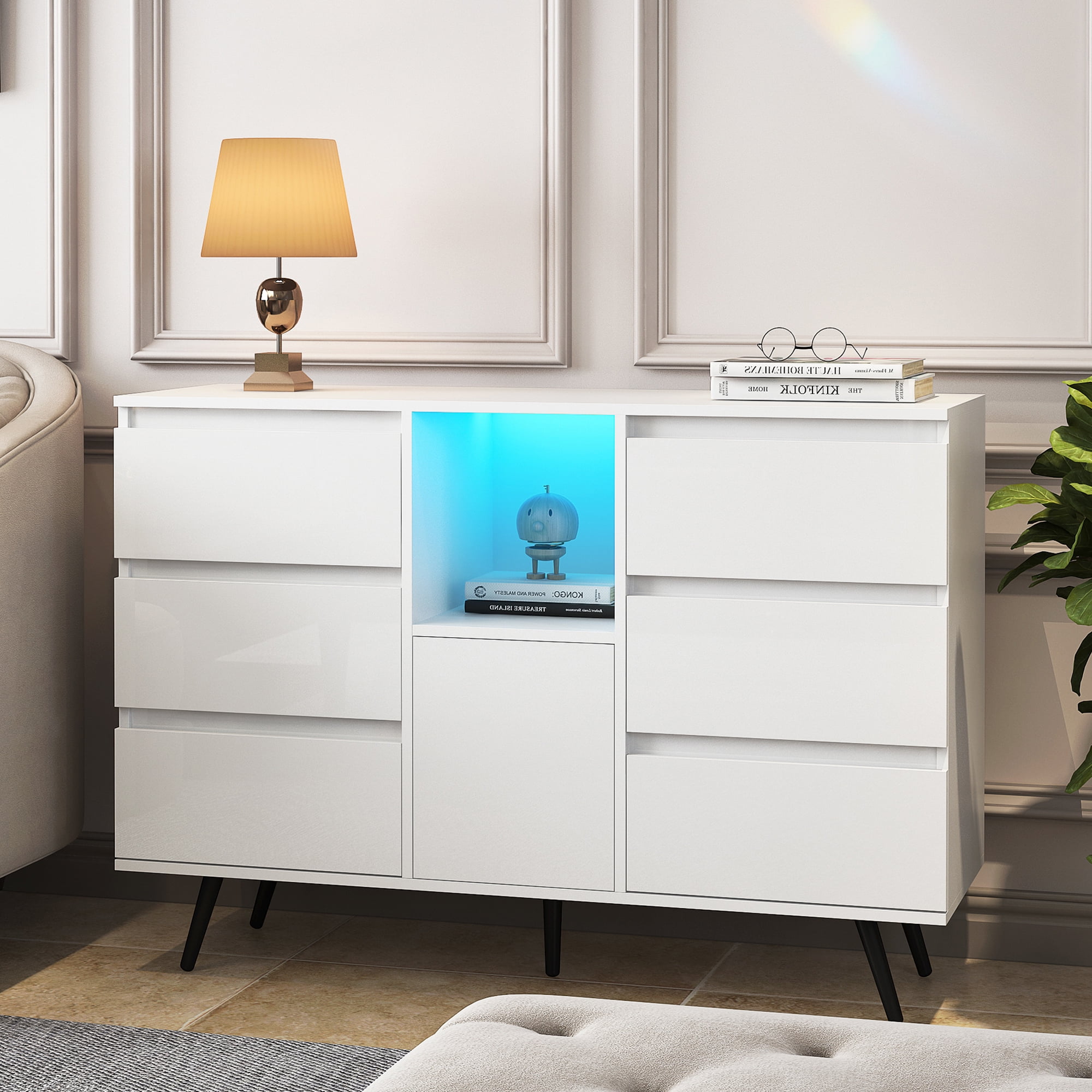 6 Drawer Double Dresser with Lights, HSUNNS Wood Double Dresser with 6