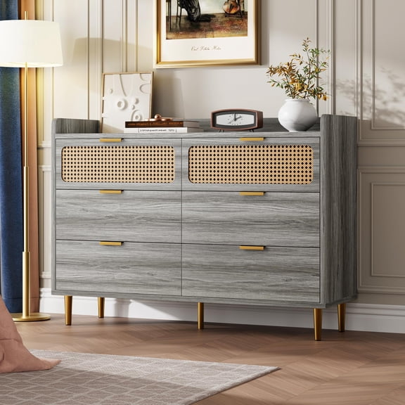 6 Drawer Double Dresser, Mid Century Modern Gold Closet Dresser with High Legs, Dressers TV Stand with Railed Edge, Rattan Design, Large Storage Organizer for Bedroom, Living Room, Grey