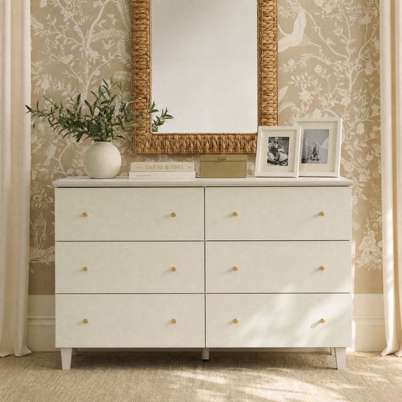 6-Drawer Double Dresser, Modern Wood Chest of Drawers with Solid Wood Legs w/ Non-slip Pads, Anti-tip Kit, Beige Linen Printed Finish, 47.2" Wide