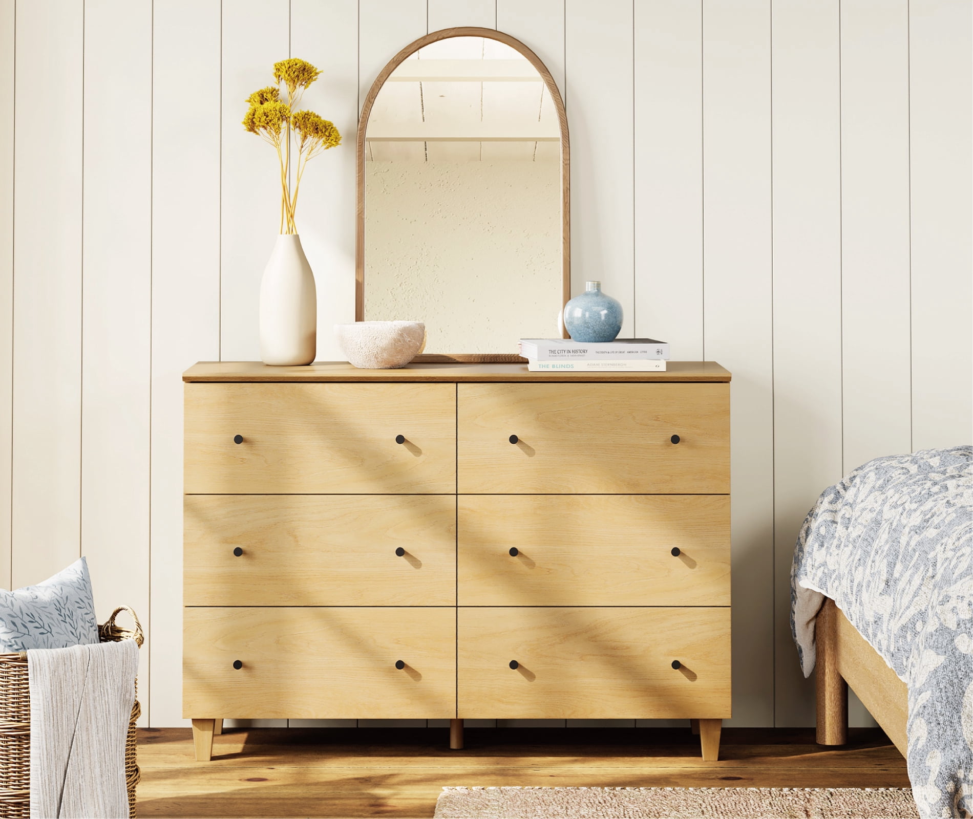 6-Drawer Double Dresser, Modern Wood Chest of Drawers with Solid Wood Legs w/ Non-slip Pads, Anti-tip Kit, Oak Wood Finish, 47.2" Wide
