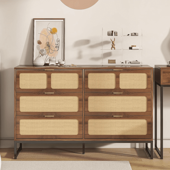 6 Drawer Double Dresser, Rattan Chest of Drawers, Wood Storage Chest for Bedroom Living Room
