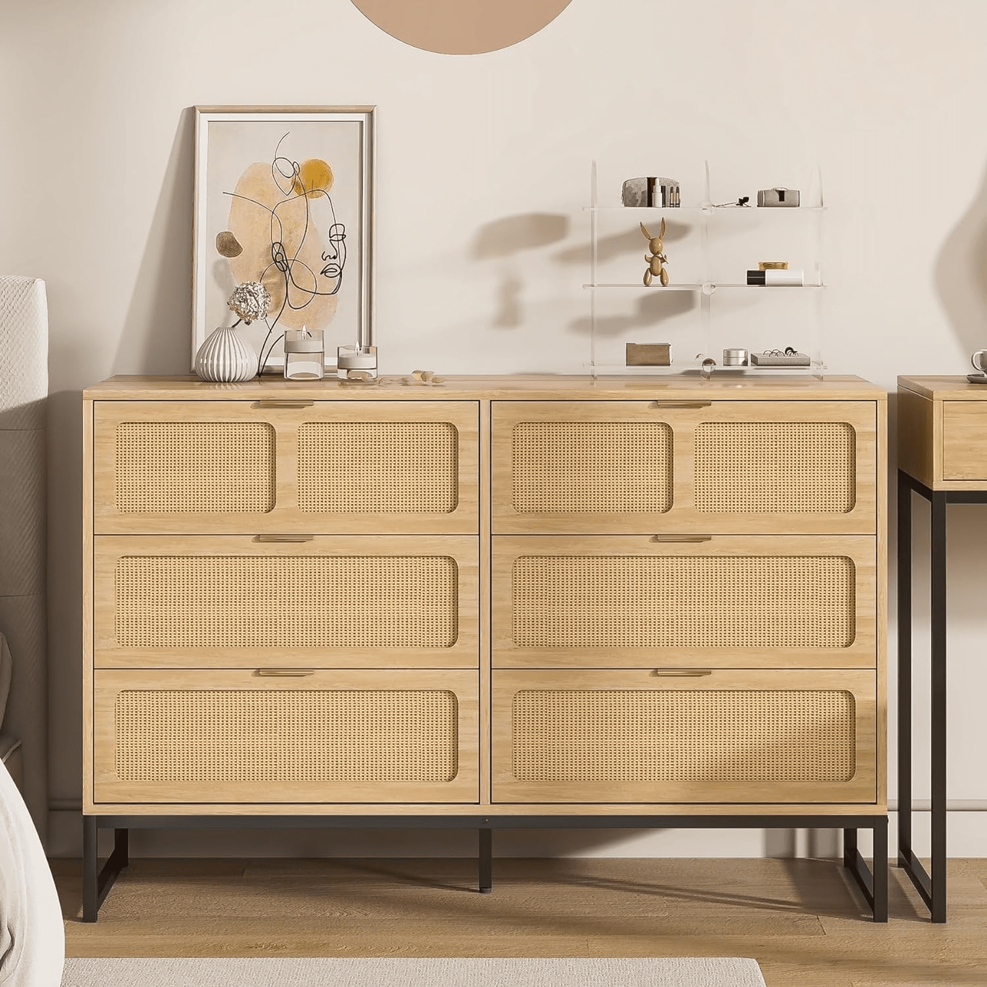 6 Drawer Double Dresser, Rattan Chest of Drawers, Wood Storage Chest for Bedroom Living Room