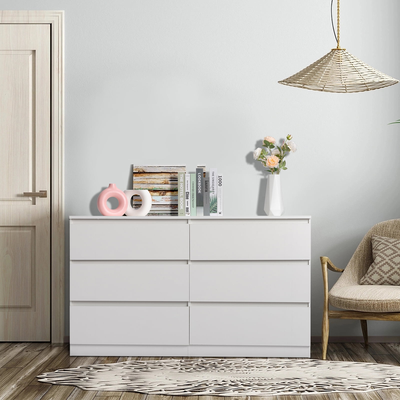 6-Drawer Double Dresser Spacious Storage Easy Assembly With Anti-Toppling Accessories For Bedroom Living Room Entryway​ White