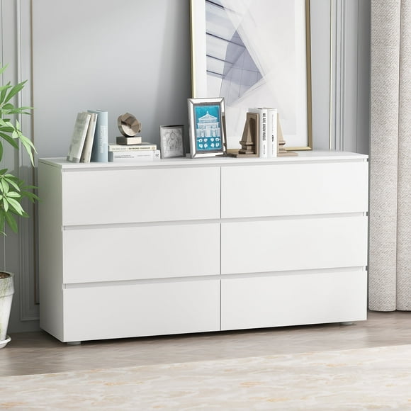 KULAGAGA 6 Drawer Double Dresser, Storage Chest Organizer Tall Wide Dresser for Bedroom Hallway, White
