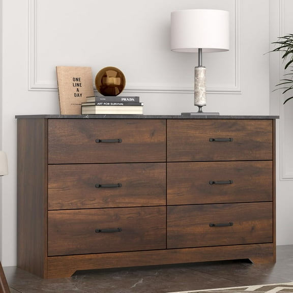 6-Drawer Double Dresser, Washed White Dresser for Bedroom, Chest of Drawers with 6 Storage Drawers,TV Stand, Dark Walnut.