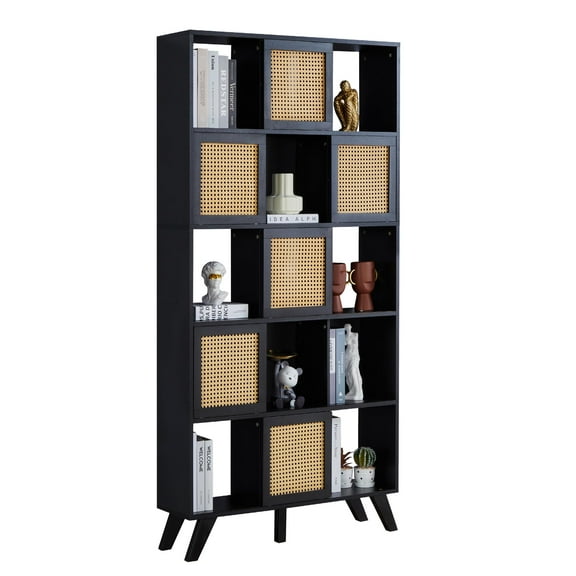 5-Tier Bookcase with Rattan Doors, 71" Farmhouse Shelf for Living Room, Boho Wood Bookshelf for Office