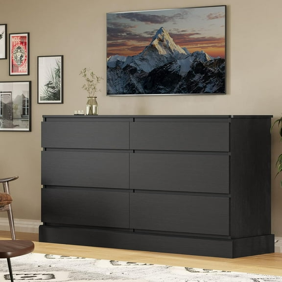 6 Drawer Double Dresser Wooden Chest of Drawers Large Storage Cabinet for Bedroom Living Room Entryway, Black