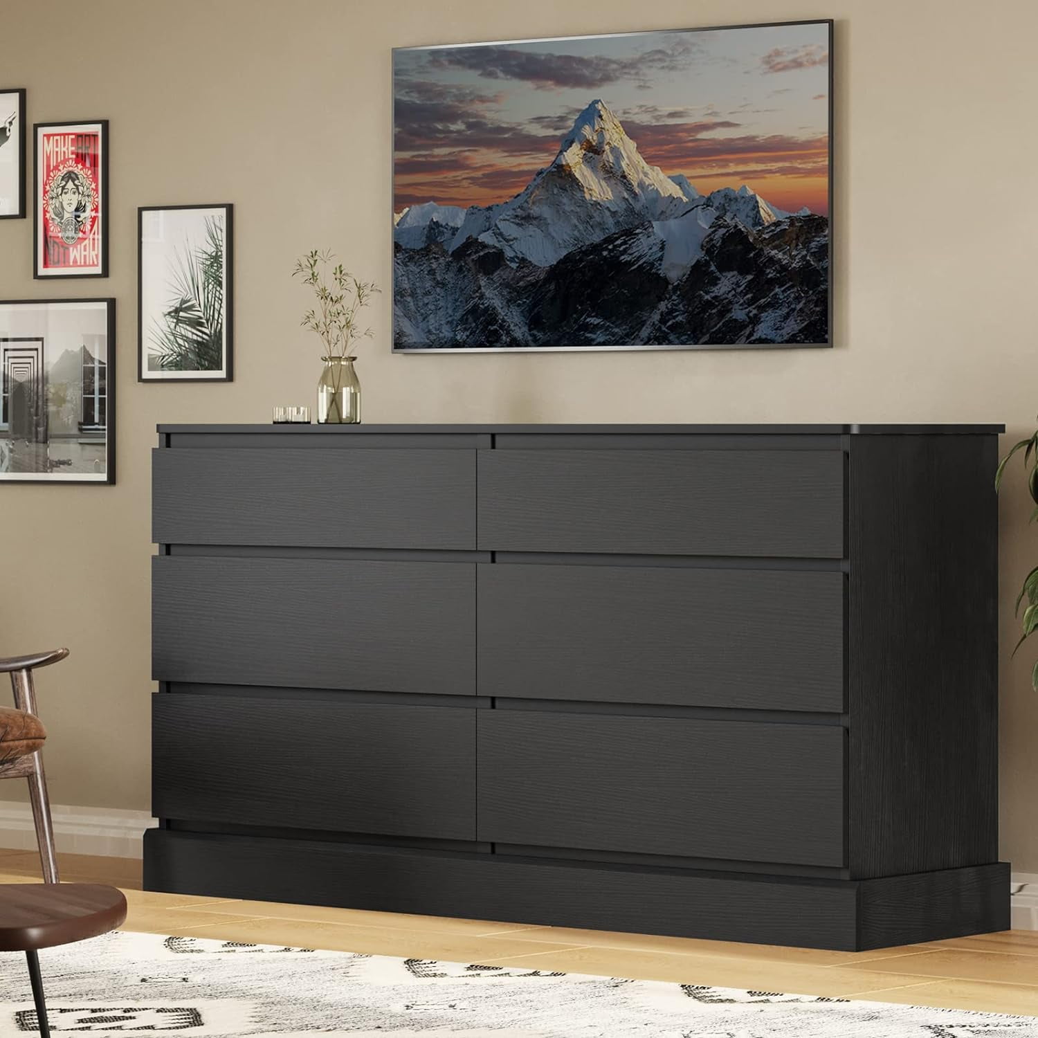 Black Engineered Wood Double Dresser with Six Drawers